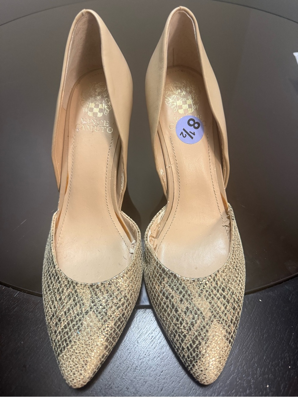 Vince Camuto Beige Pointed Pumps with Gold Snakeskin Toe